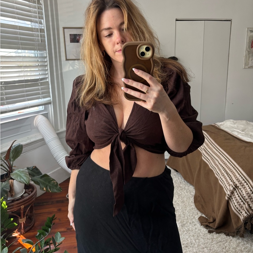 Express brown linen tie crop top